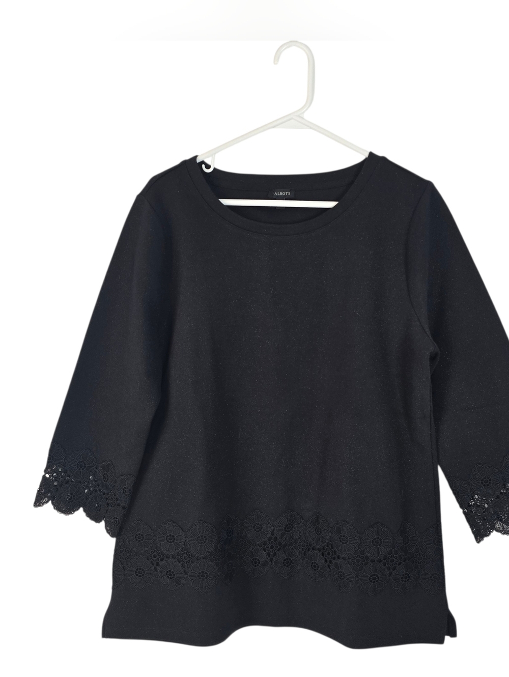 Talbots Black Crochet Lace Trim 3/4 Sleeve Pullover Crewneck Blouse L Floral